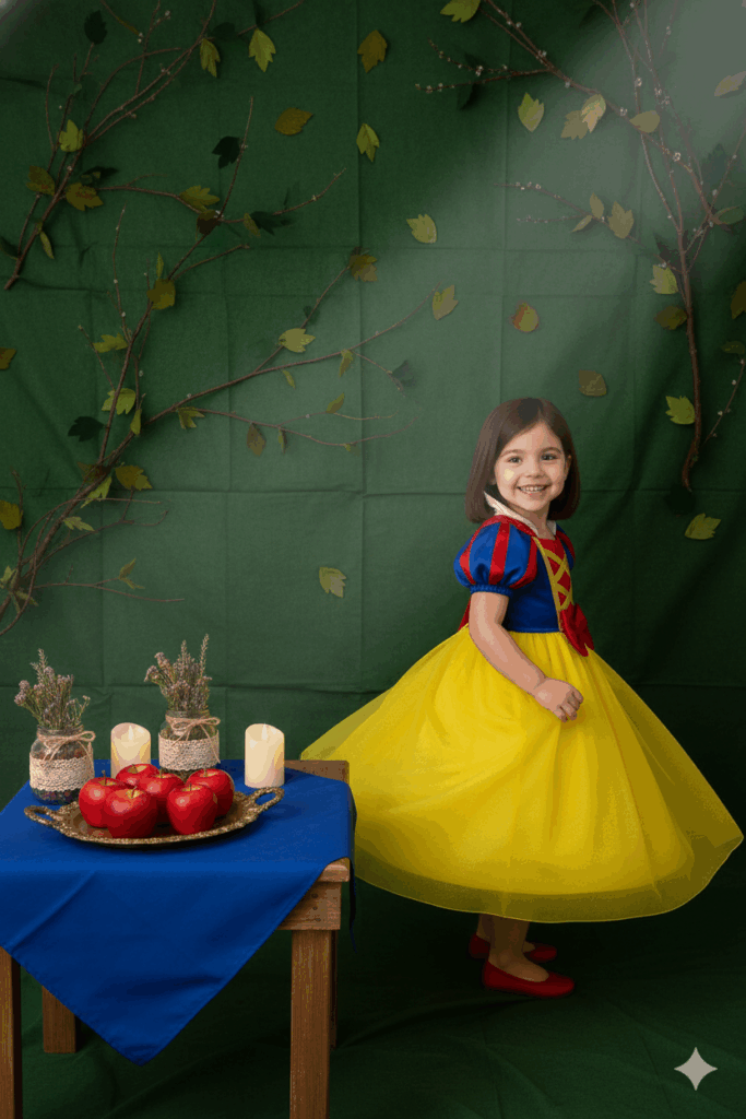 A Moldura da Fantasia

O vestido é o personagem principal, mas toda princesa precisa de um castelo! Para que a fantasia seja completa, o cenário da festa — ou até mesmo um cantinho especial em casa para as fotos — precisa transportar a criança para o Reino Encantado. E o melhor: você não precisa de um orçamento real para isso.

A Arquitetura da Magia com DIY:

Aqui estão três ideias para criar um cenário de "Castelo e Contos de Fadas" que valorize ainda mais o vestido temático:

A Fachada de Tijolos (Ilusão Visual): Use papel pardo ou cartolinas cinzas para criar uma textura de pedra ou tijolo nas paredes. O segredo é desenhar as linhas de forma irregular para dar um aspecto vintage e real, como as paredes de um castelo antigo.

Toques de Nobreza com Tecido: Use tules e cetins nas cores do vestido (como o azul e o dourado) para criar cortinas imponentes no salão ou na entrada. Pendure tecidos do teto, criando arcos que imitam as abóbadas de um salão de baile.

A Mesa do Banquete Real (Simplicidade Sofisticada): Invista em bandejas douradas (podem ser de plástico pintado) e cálices de acrílico para dar um toque de banquete medieval. Use arranjos de flores baixos e velas LED para criar uma luz suave e mágica.

A Coerência da História

O segredo de uma festa inesquecível é a coerência. Quando o cenário e o vestido se unem, a criança vive a história de verdade, e não apenas veste uma fantasia.

(Call to Action): Qual detalhe mágico do seu Conto de Fadas favorito você usaria para decorar o Castelo? Inspire-se e compartilhe sua ideia de cenário!