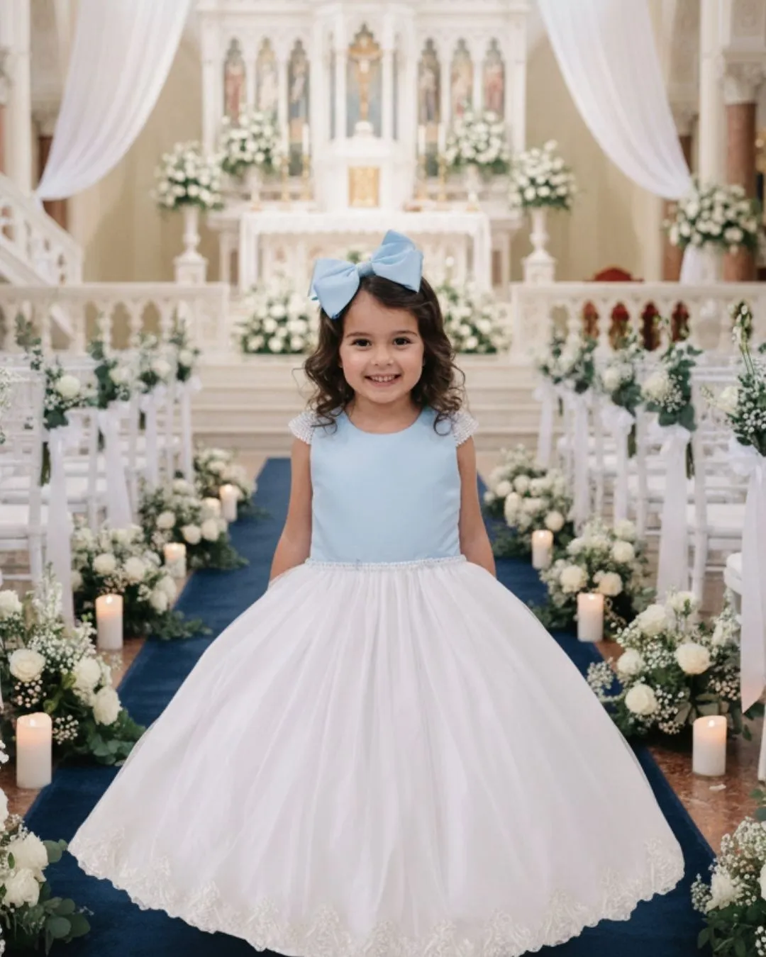 vestidos temáticos Menina trajando um vestido busto azul saia branca de dama de honra em uma igreja