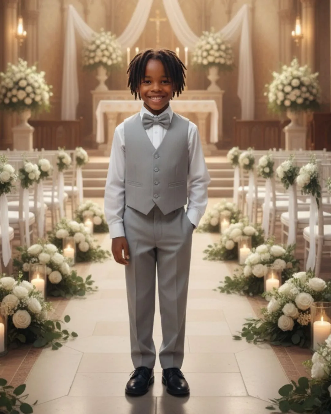 vestidos temáticos Menino trajado como pajem em uma igreja para um casamento