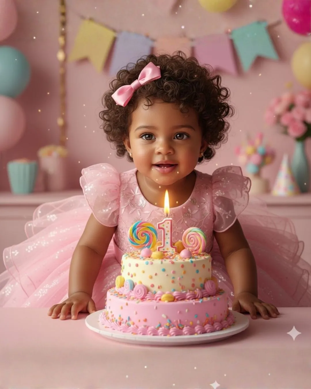 vestidos temáticos - Um bebê afro brasileira com vestido rosa assoprando vela em um bolo de aniversário